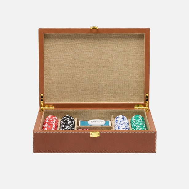 Pigeon & Poodle Grantham leather poker set in beige and aged camel leather, includes poker chips and cards on a game table.