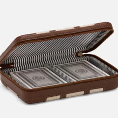 Pigeon & Poodle Otis card box in white tobacco leather with hide detailing, designed for storing playing cards and game accessories.