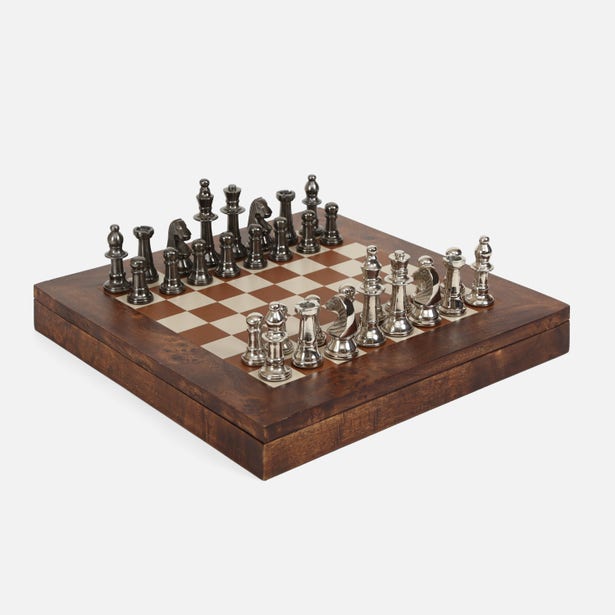 Pigeon & Poodle Windsor Chess Set in dark honey wood with intricately carved chess pieces, perfect for game enthusiasts.