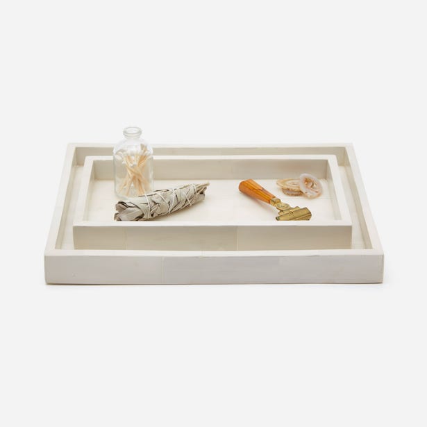 Set of two Pigeon & Poodle Arles white faux horn trays with sleek, modern design and smooth finish.