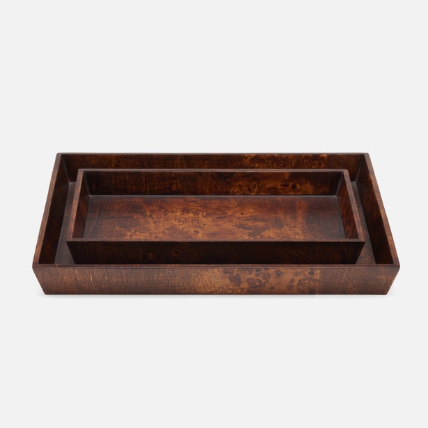 Set of two Pigeon & Poodle Bern nested trays in dark honey finish, showcasing smooth wooden surfaces and rounded edges.