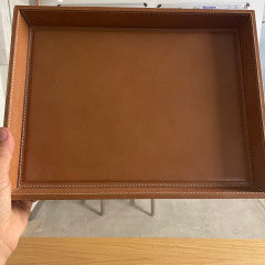 Large Pigeon & Poodle Lorient square tray in camel full-grain leather, showcasing its elegant craftsmanship and spacious surface.