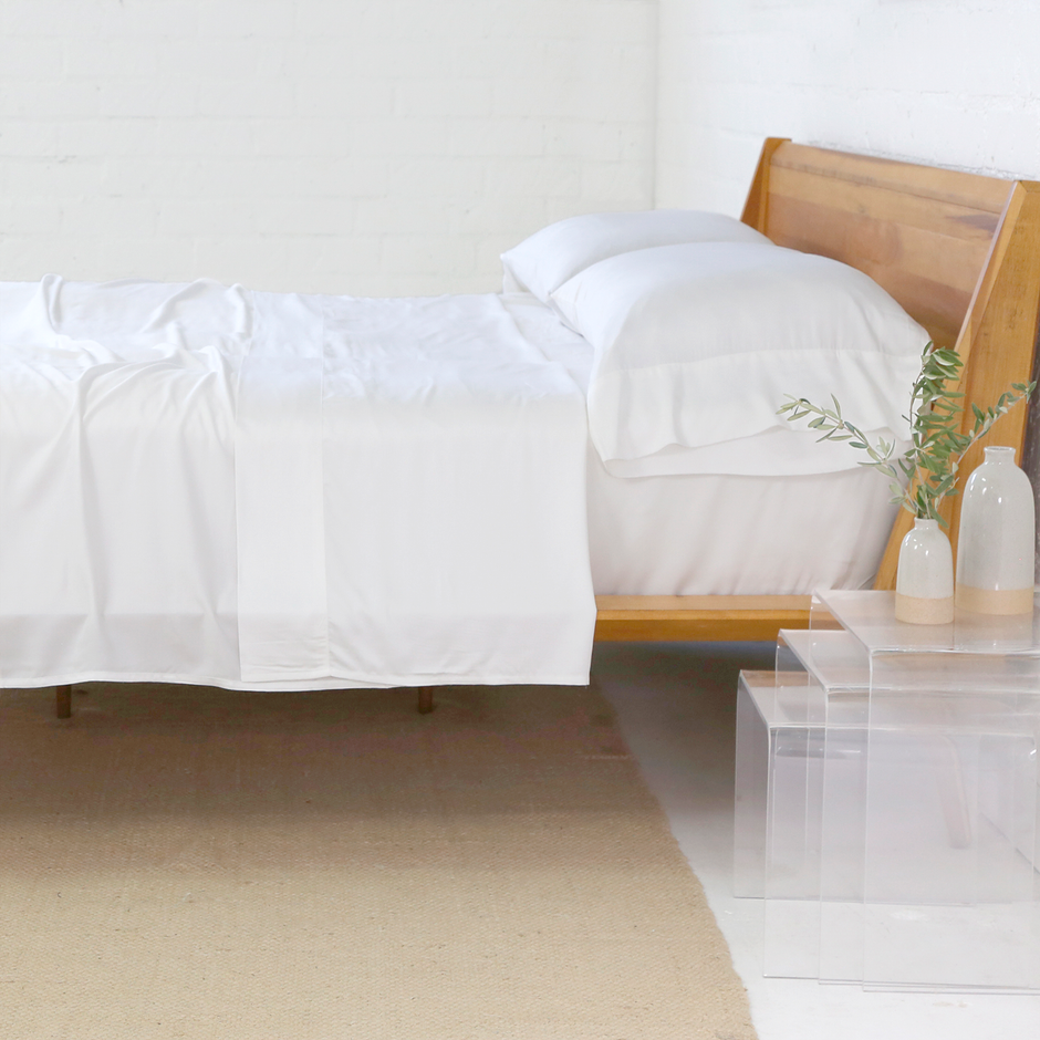 Pom Pom at Home Parker bamboo twin sheet set in white with soft, breathable fabric and a smooth, cozy texture.