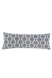 Ivory and navy Pom Pom at Home throw pillow, 14x40 inches, with decorative pom pom accents on soft fabric.
