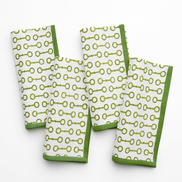 Set of four green Pony Club napkins by Pomegranate, made of soft table linens for casual or special occasions.