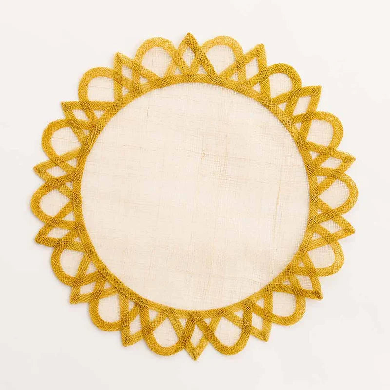 Set of four yellow Starburst placemats by Pomegranate, vibrant table linens for dining decor.