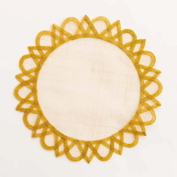 Set of four yellow Starburst placemats by Pomegranate, vibrant table linens for dining decor.