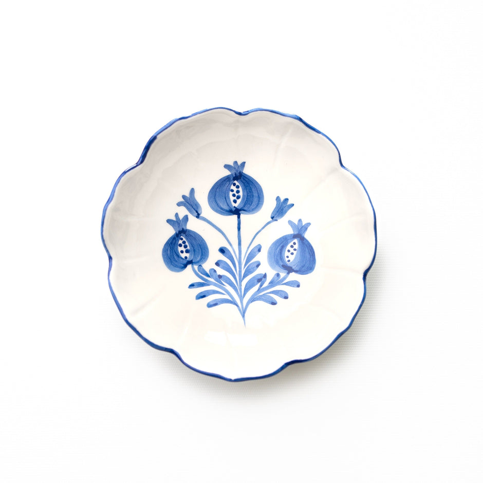 Set of four Pomegranate Trio Sketch Blue small bowls for table linens, featuring a stylish blue design and compact size.