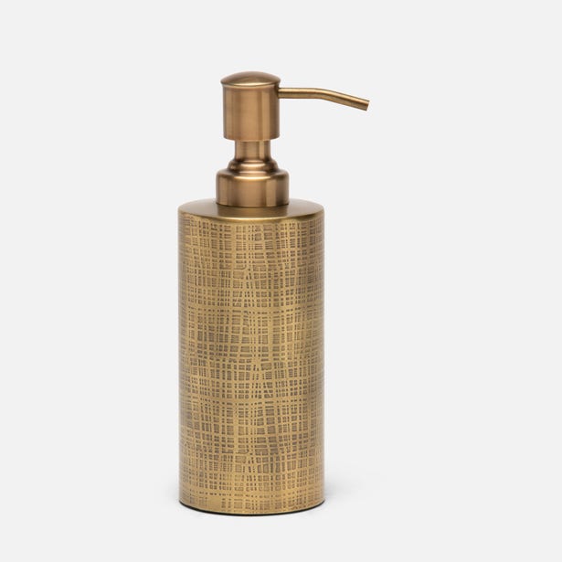 Bronze soap dispenser with textured design on a white background