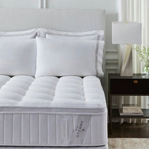 Close-up of the Sferra Sonno Notte pillow top mattress showing plush Eurotop detail and luxurious fabric.