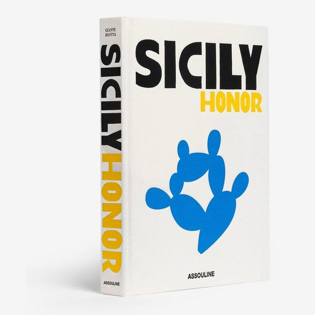 A book cover of 'Sicily Honor' featuring a white background with black and yellow text, and a blue graphic of a cactus.