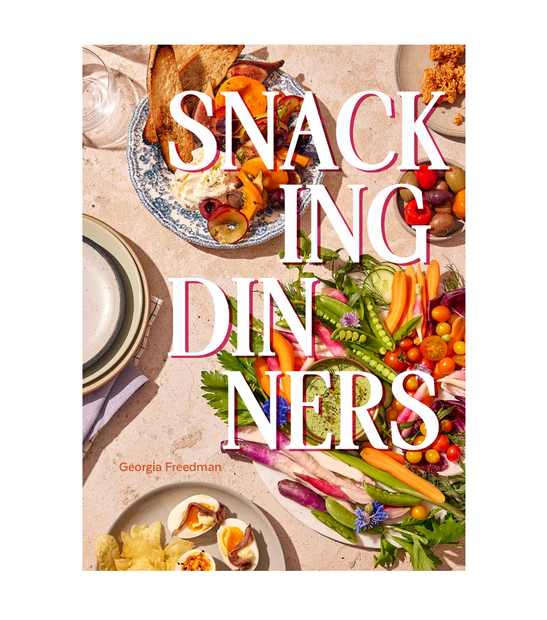 Book cover of 'Snacking Dinners' with food images and title text.