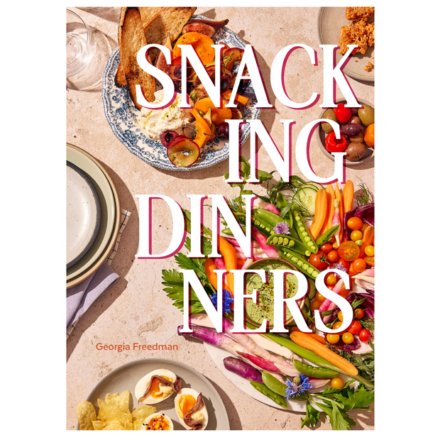 Book cover of 'Snacking Dinners' with food images and title text.