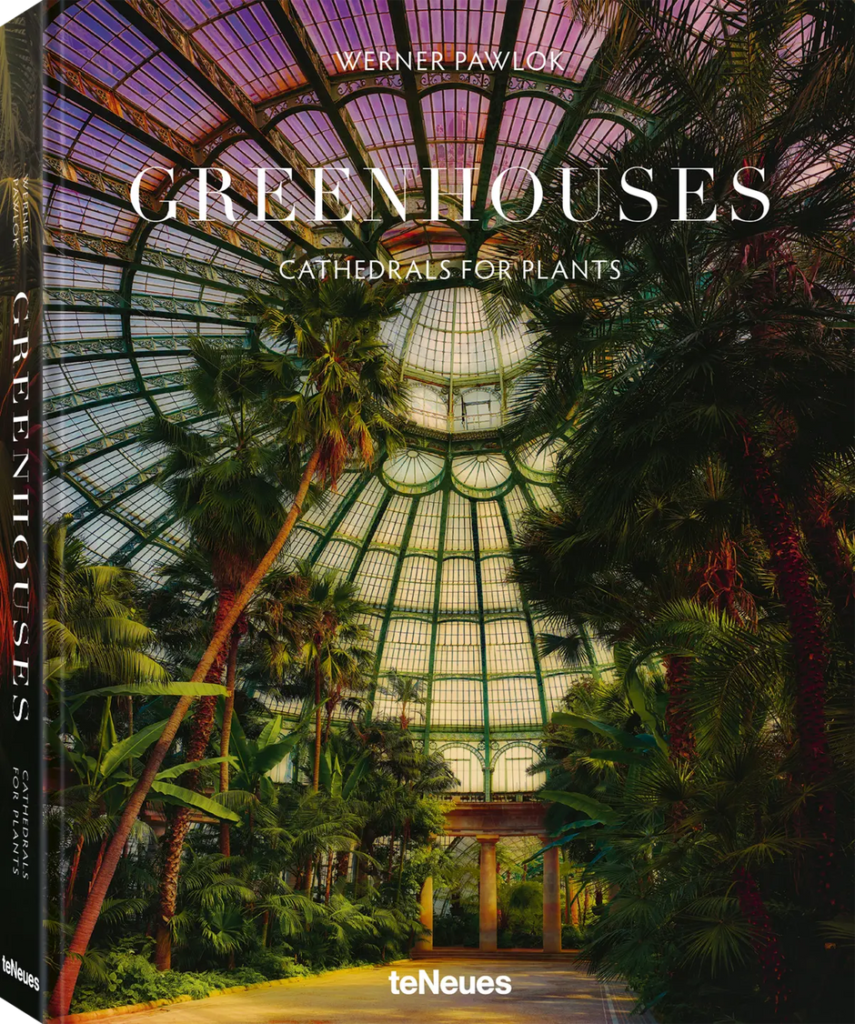 Decor book titled "Greenhouses: Cathedrals for Plants" by TeNeues, featuring images of elegant greenhouse designs for plant enthusiasts.