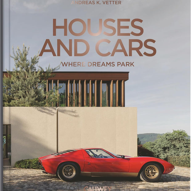 Decor book titled Houses and Cars: Where Dreams Park by TeNeues featuring colorful illustrations of houses and vintage cars.