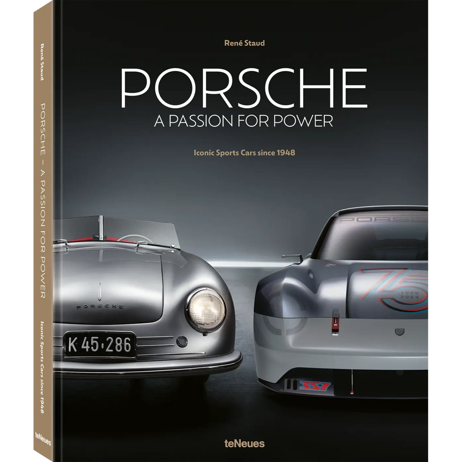 Decor book titled "Porsche: A Passion for Power" by TeNeues, featuring images and insights on Porsche cars and automotive design.