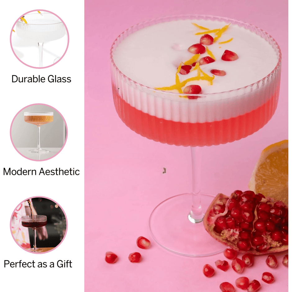 Ribbed vintage Art Deco coupe glass from The Wine Savant Khen Glassware, showcasing elegant ribbed design and classic shape.