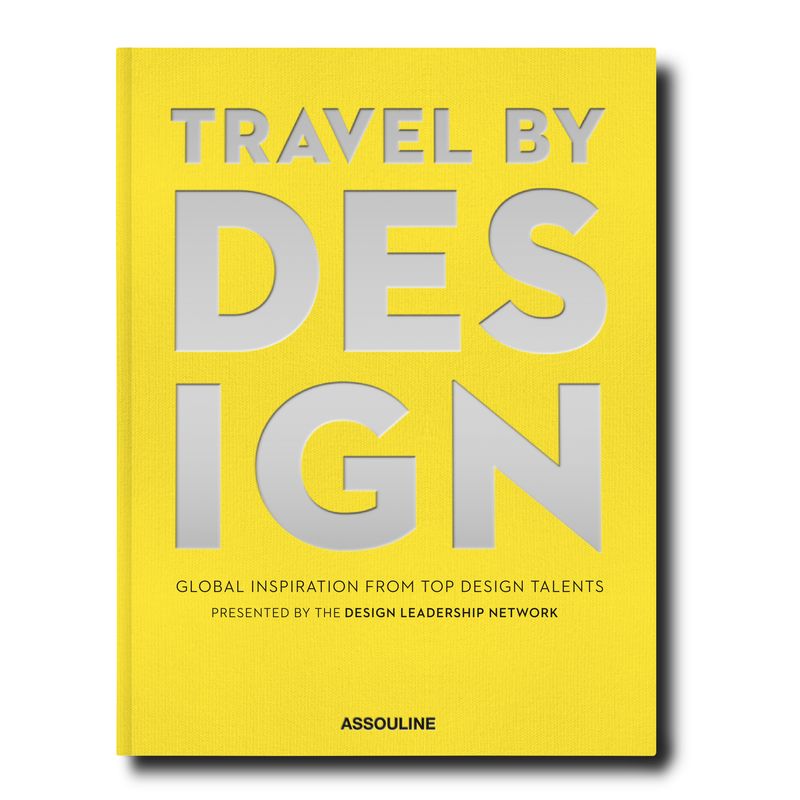 Book cover of 'Travel by Design' with yellow background and silver text.