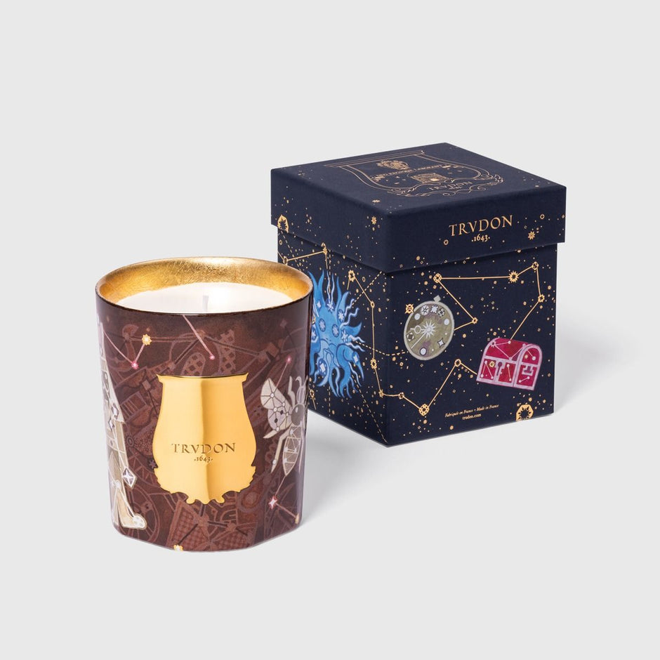 Trudon scented candle with orange and cinnamon fragrance, part of the Holiday Candles collection, in a decorative glass container.