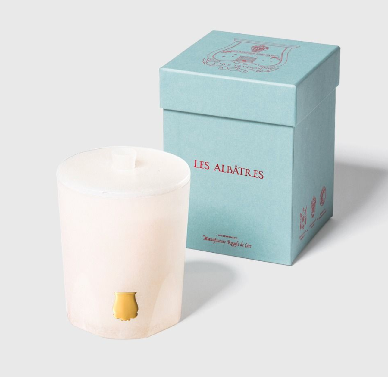 Trudon 270g Alabaster scented candle with Ernesto leather and tobacco fragrance in a white alabaster holder.