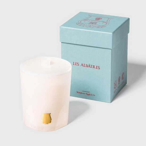 Trudon 270g Alabaster scented candle with Ernesto leather and tobacco fragrance in a white alabaster holder.