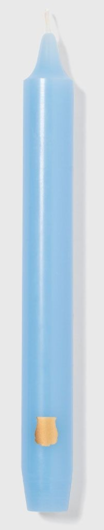 Box of six Trudon Madeleine taper candles in aqua color, elegant and tall candle sticks for home decor or special occasions.