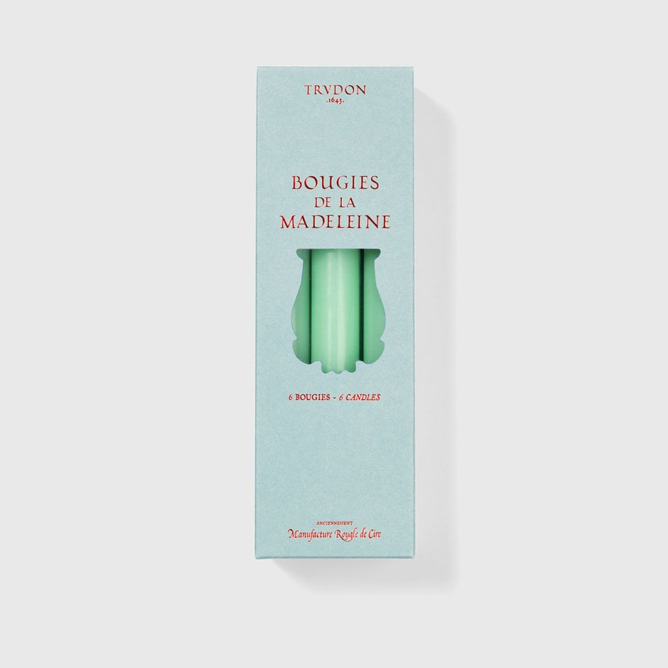 Set of six Trudon Madeleine taper candles in aqua color, elegant candle sticks with a classic design in a box.