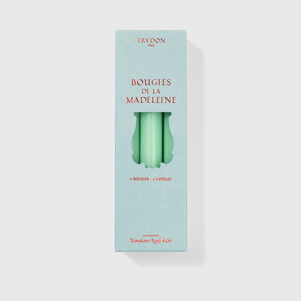 Set of six Trudon Madeleine taper candles in aqua color, elegant candle sticks with a classic design in a box.