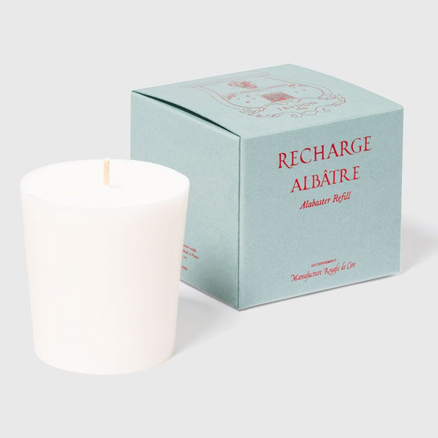 A Trudon Alabaster candle refill in a white container, displayed in front of its blue packaging box with 'RECHARGE ALBÀTRE Alabaster Refill' text.