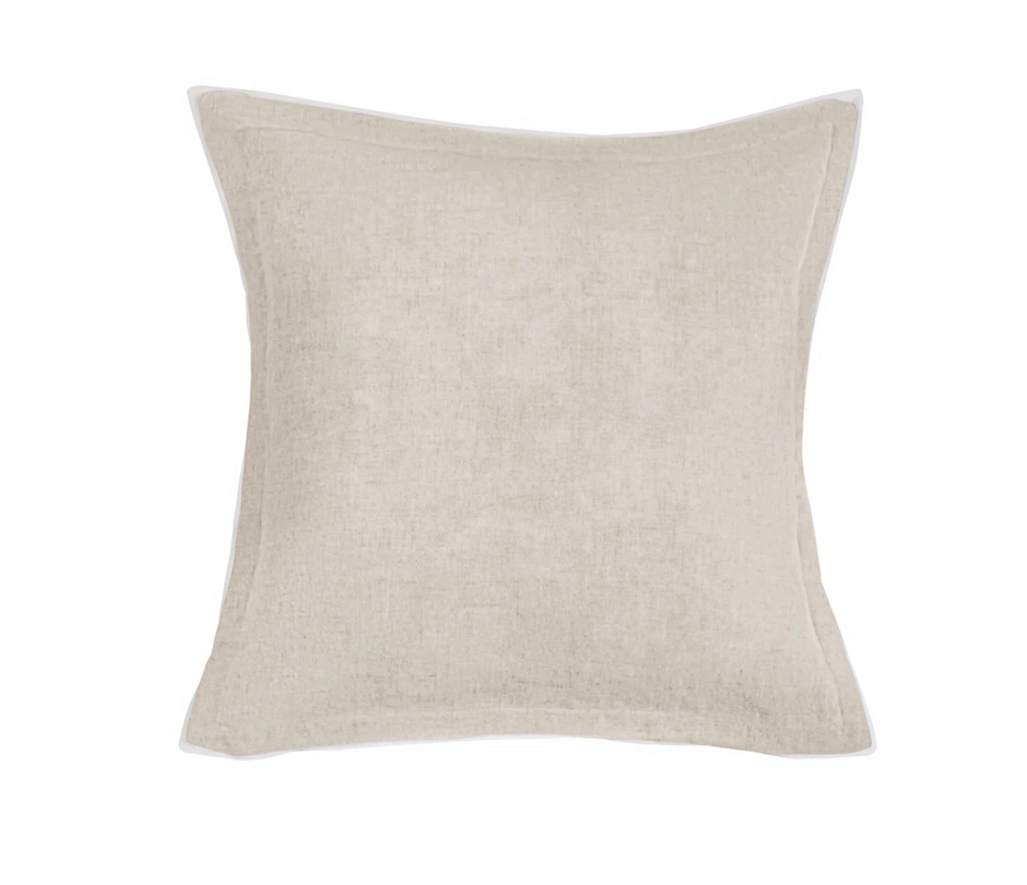 A soft European pillow sham with a silk flange border, made from linen and displayed against a white background.