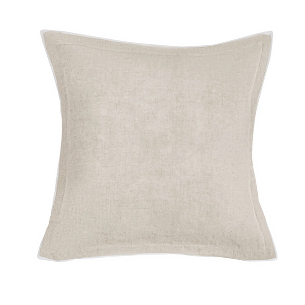 A soft European pillow sham with a silk flange border, made from linen and displayed against a white background.