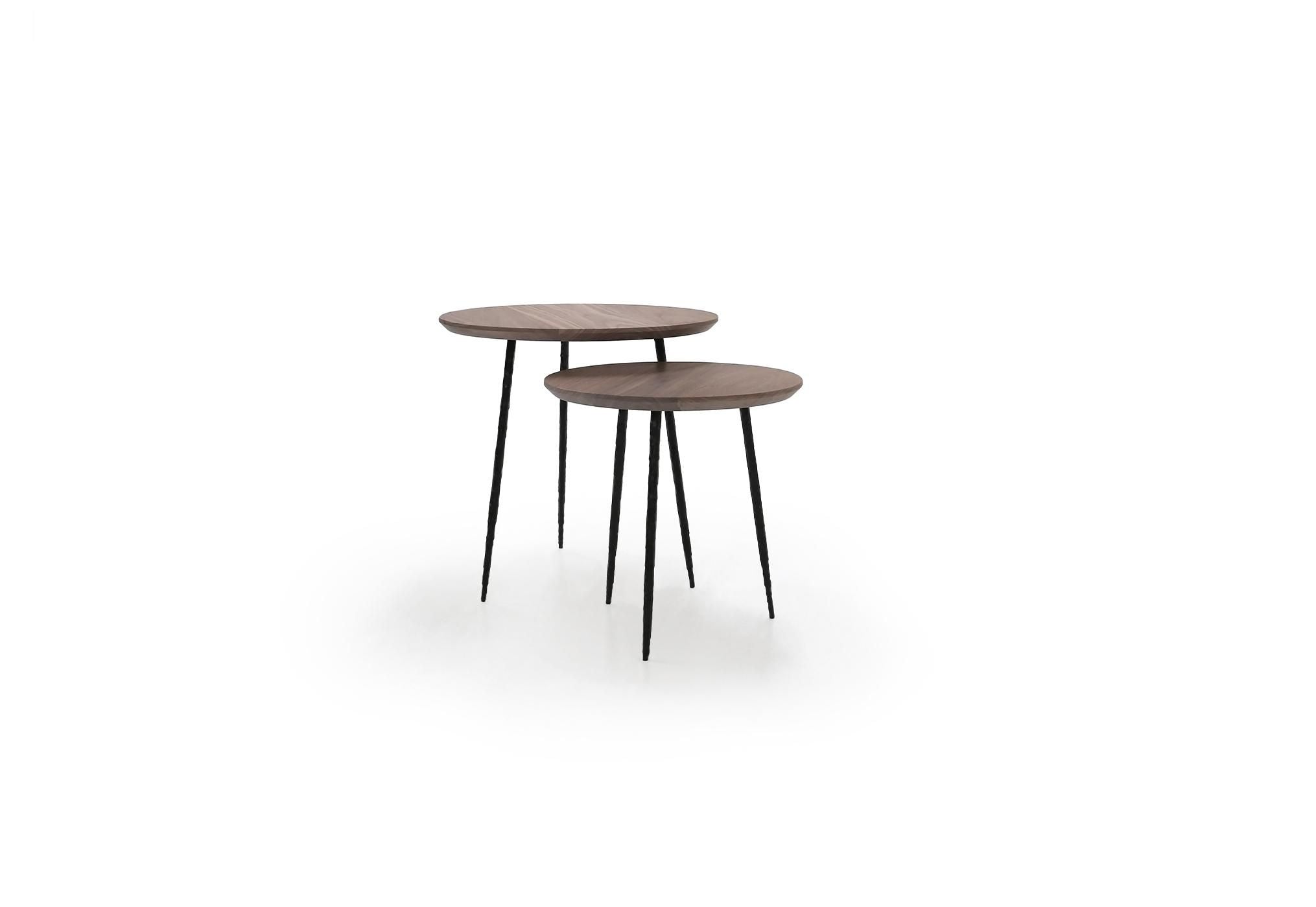 Pair of Verellen Giaco round nesting side tables set of 2 with wooden tops and sleek metal legs.
