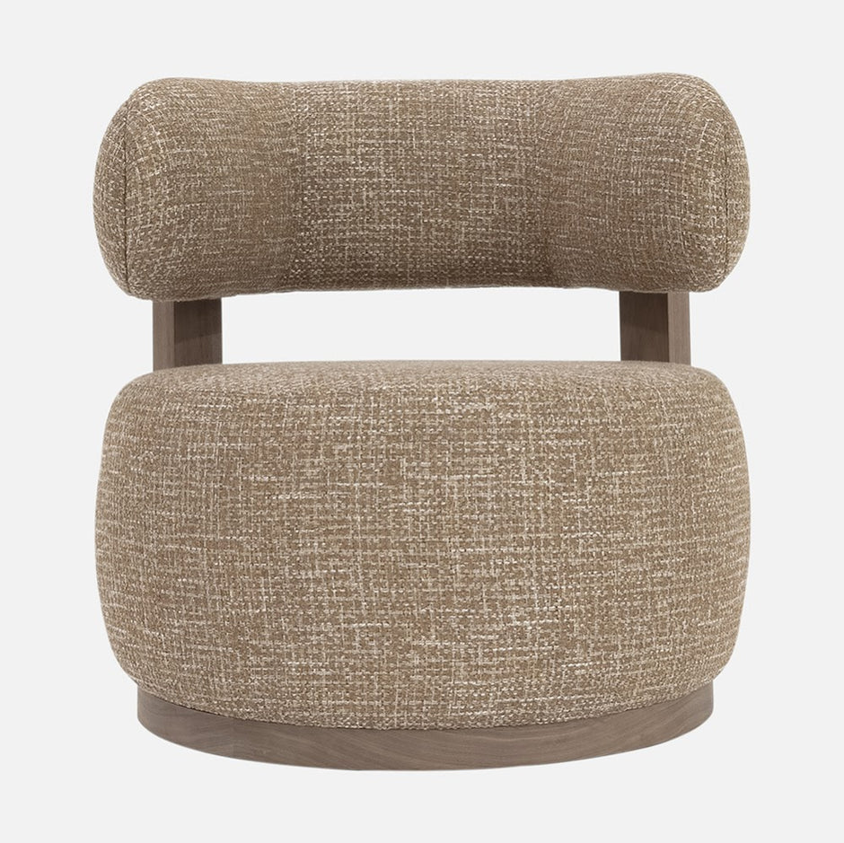 Verellen Gaston Swivel Chair with Colorado Performance Chenille Flax fabric and ash trim, showcasing a stylish, comfortable seating option.