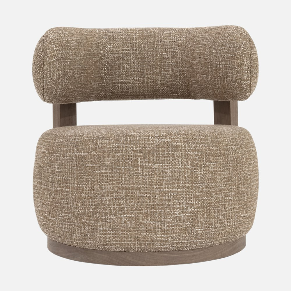 Verellen Gaston Swivel Chair with Colorado Performance Chenille Flax fabric and ash trim, showcasing a stylish, comfortable seating option.