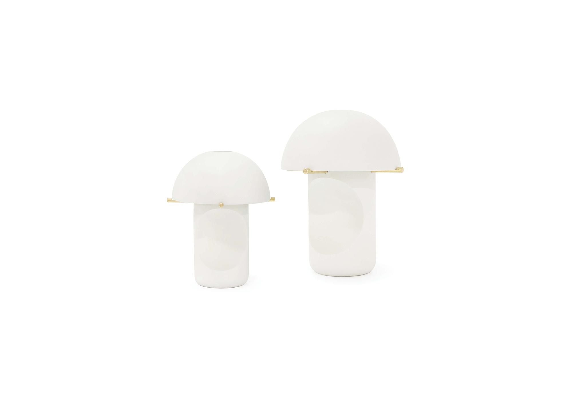 Verellen Fun Guy table lamp with matte white finish, modern design, small size, and unique mushroom-inspired shape.