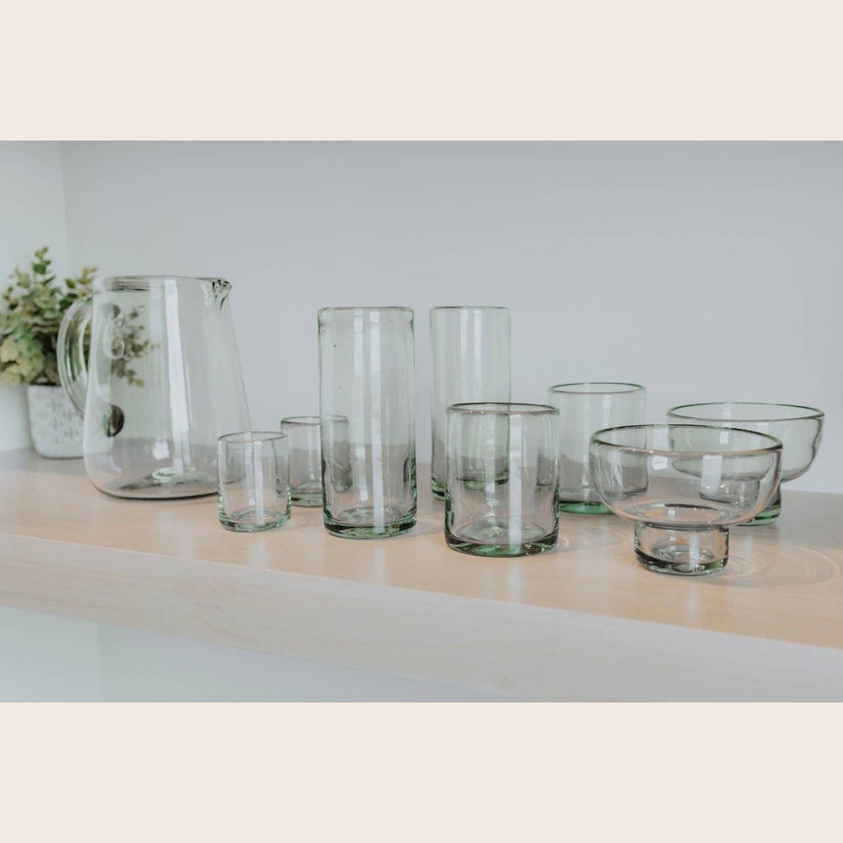 Clear handblown Mexican glassware by Verve Culture, showcasing elegant, transparent glass cups with artisanal craftsmanship.