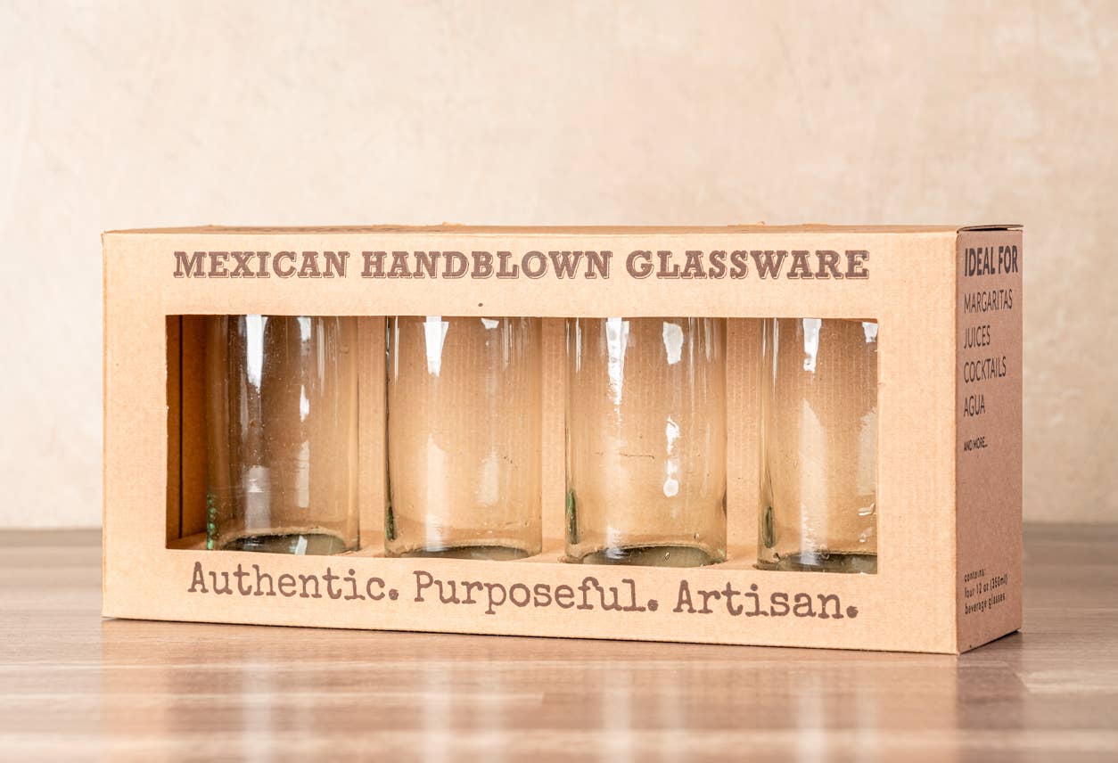 Set of clear handblown Mexican highball glasses by Verve Culture, showcasing their elegant, artisanal glassware design.