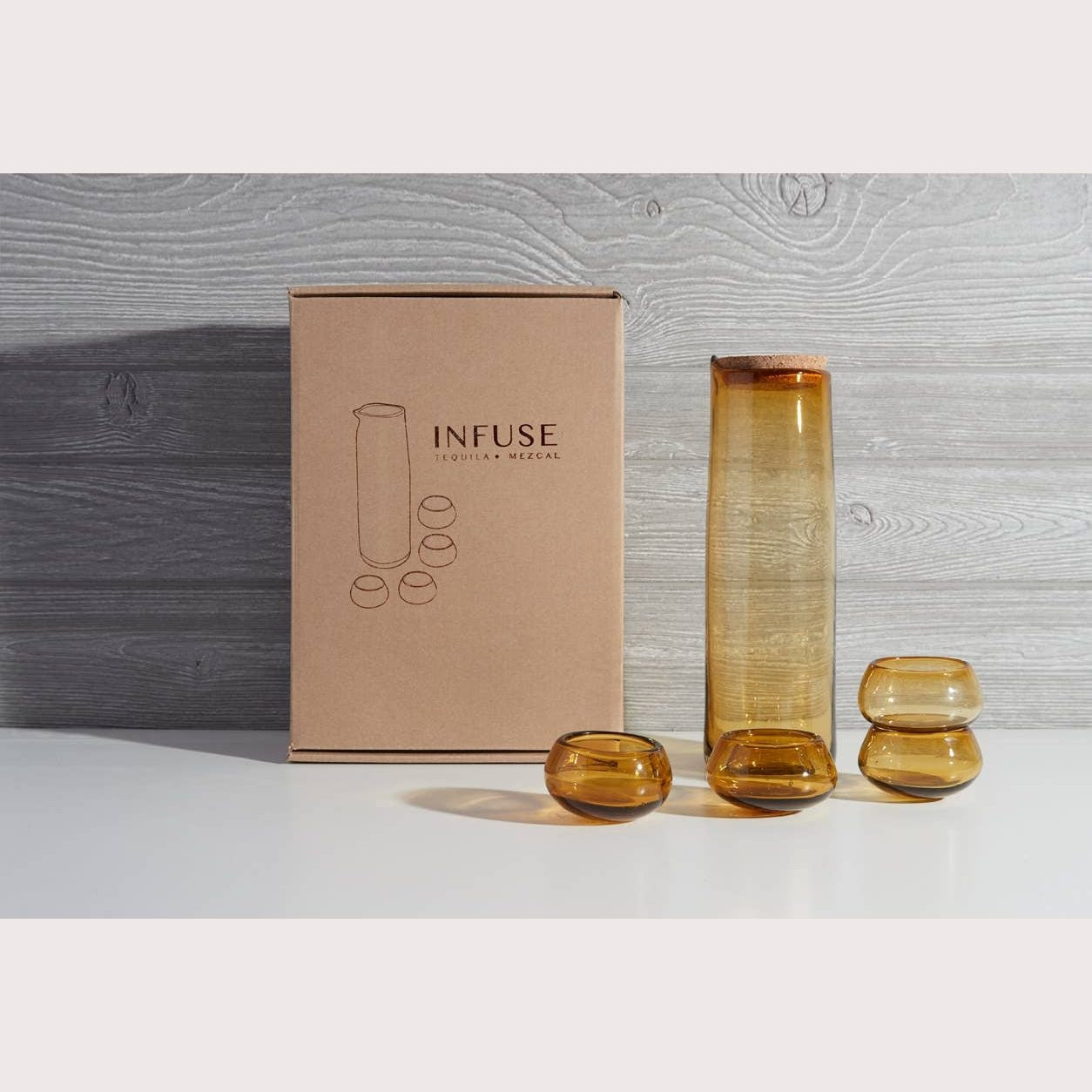 Verve Culture INFUSE glassware kit for mezcal and tequila infusion and tasting, includes bottles and tasting glasses.