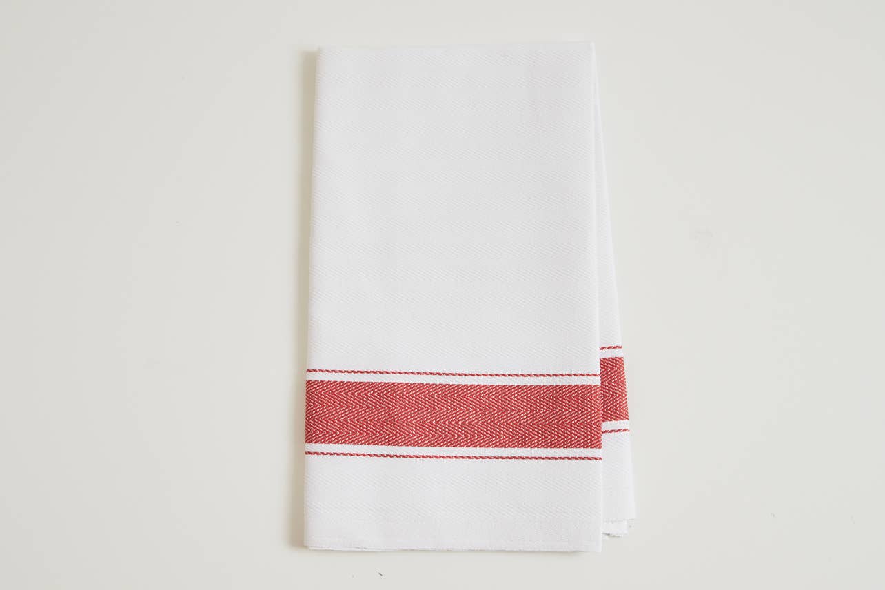 Red herringbone Italian kitchen hand towel by Verve Culture, featuring classic woven design and soft cotton fabric.