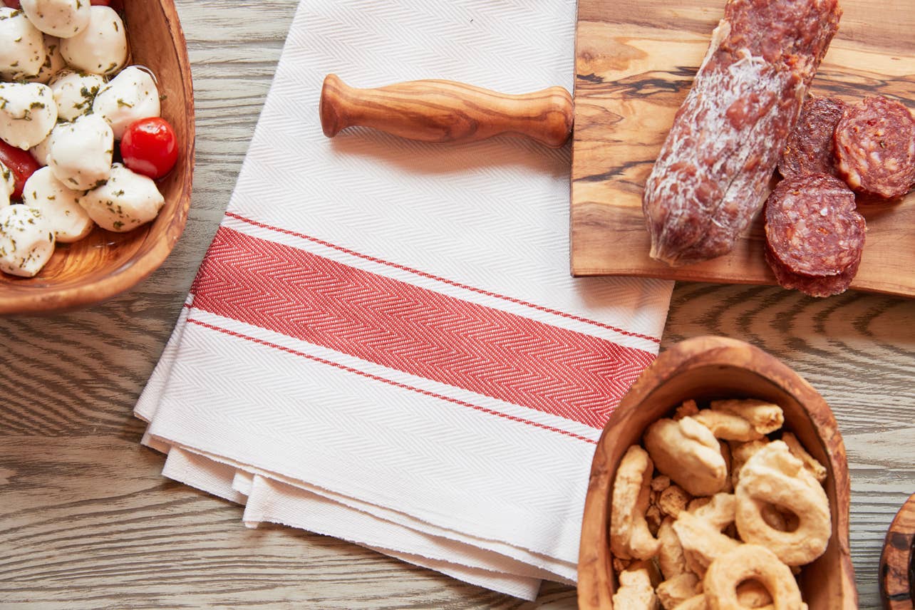 Red herringbone Italian kitchen hand towel by Verve Culture, featuring classic woven design and soft cotton fabric.