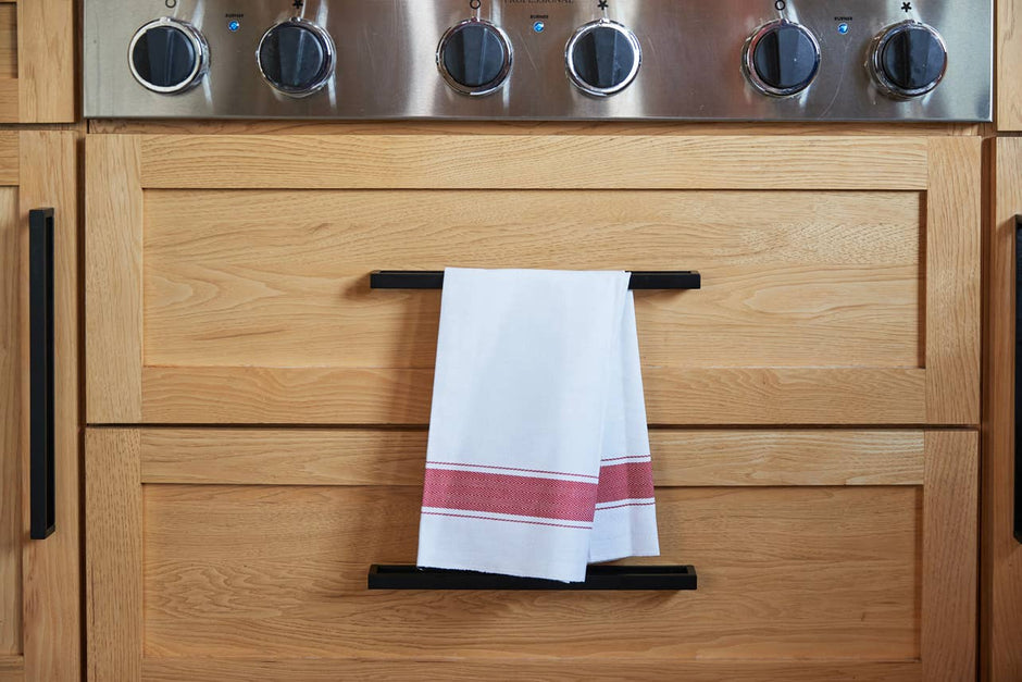 Red herringbone Italian kitchen hand towel by Verve Culture with classic woven pattern, perfect for cooking and cleaning.