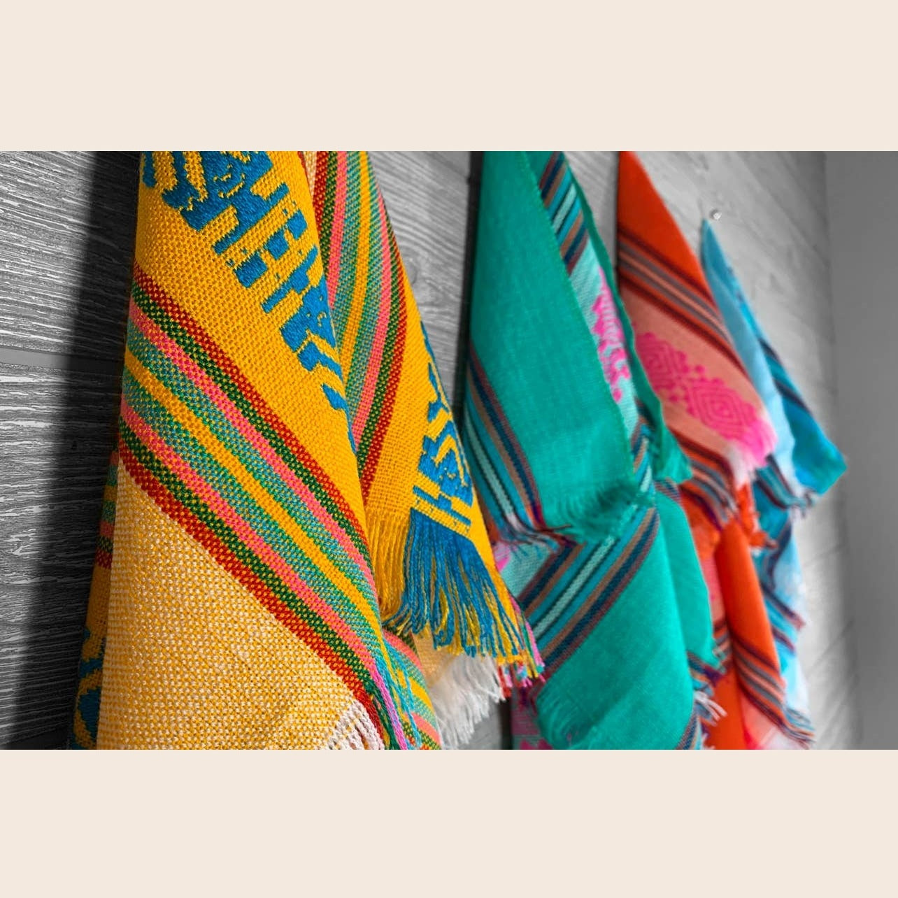 Set of four Mexican napkins by Verve Culture with colorful traditional patterns and soft fabric.