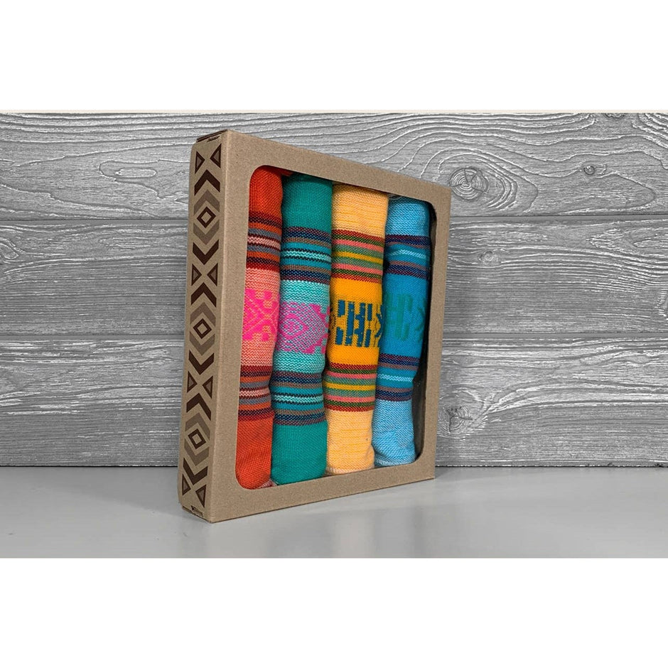 Set of four Mexican napkins by Verve Culture featuring colorful traditional textile patterns.