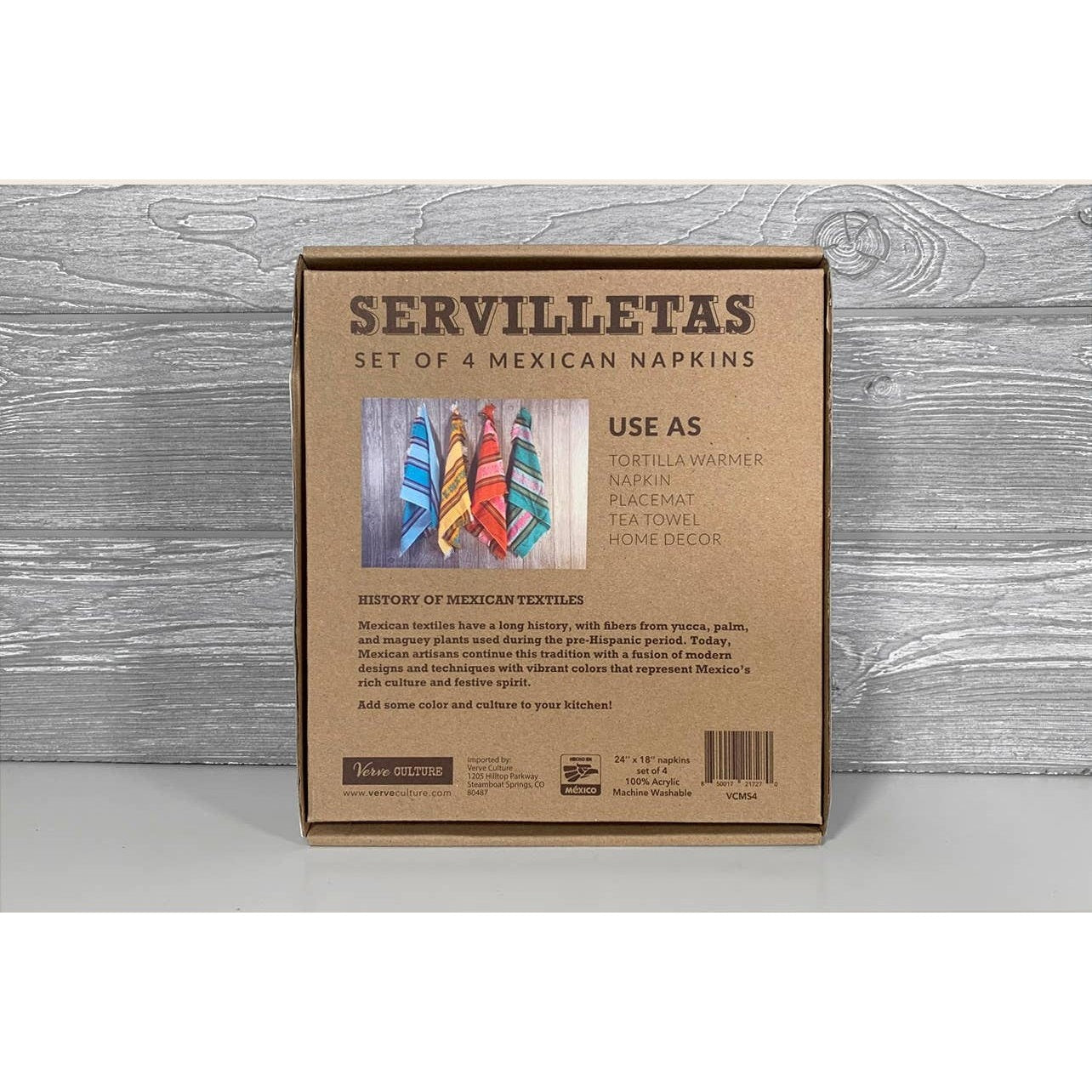 Set of four Mexican napkins featuring vibrant traditional patterns by Verve Culture for decorative and functional use.