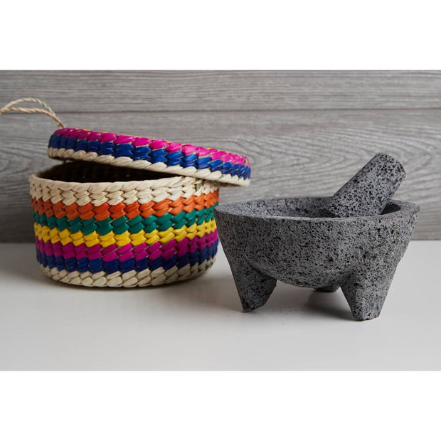 7-inch Verve Culture molcajete with matching tortilla basket for authentic Mexican food preparation and serving.