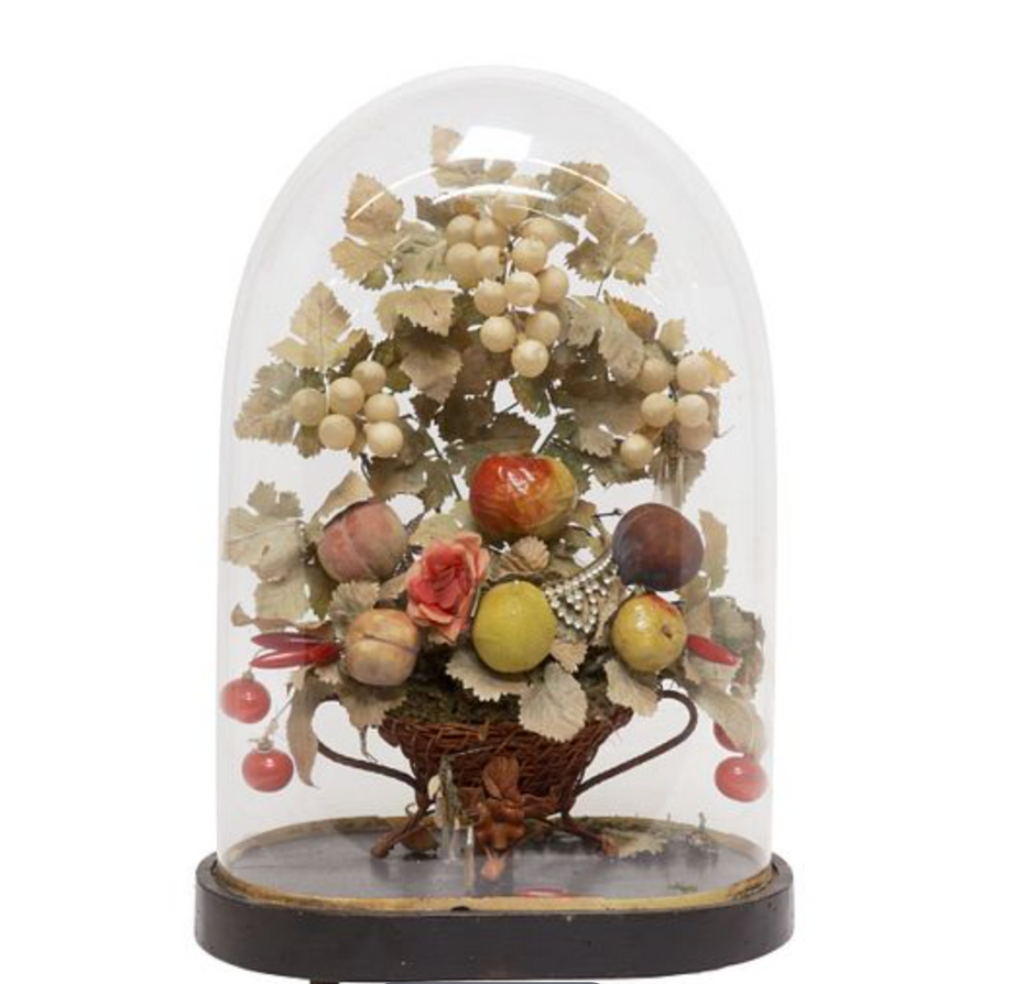 Vintage French decor globe de mariée with fruit illustrations, featuring a decorative vintage style and intricate design.