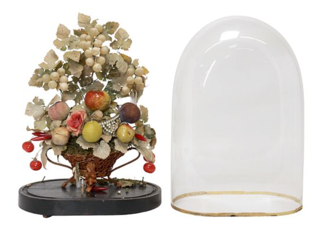 Vintage French decor piece featuring a globe de mariée with fruit, showcasing intricate design and antique-style craftsmanship.