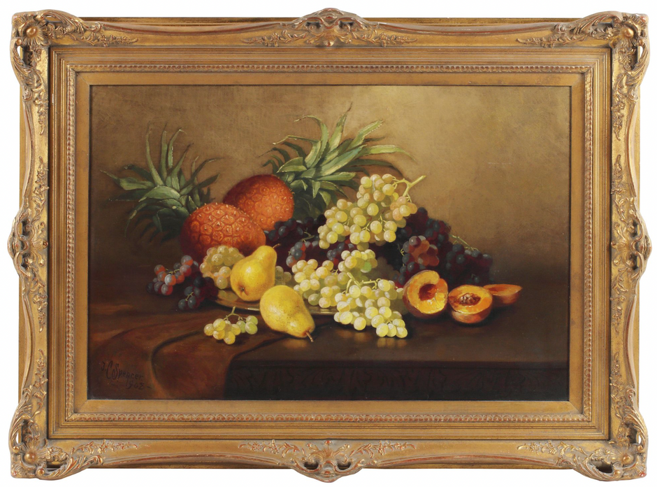 Vintage still life framed oil painting from 1908 featuring classic floral and fruit arrangement in a traditional style.