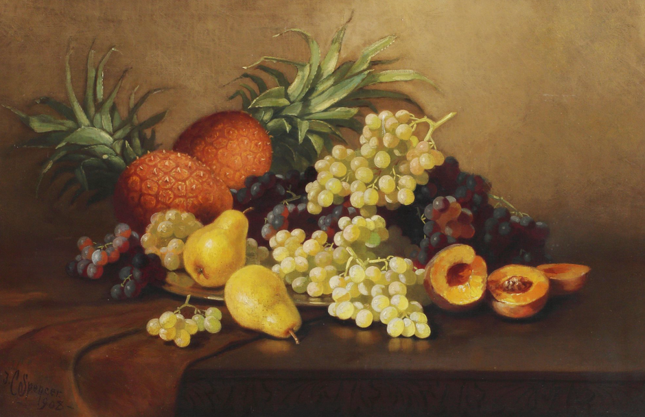 Vintage framed oil painting of a still life scene, created in 1908, showcasing classic artistic style and detailed brushwork.