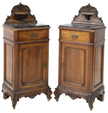 Pair of vintage Louis XV style mahogany nightstands with marble tops, showcasing elegant antique furniture design.